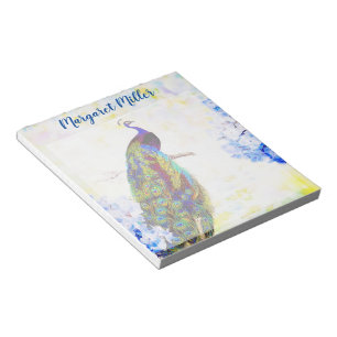 Peacock and hydrangea personalized notepad