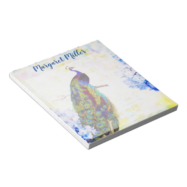 Peacock and hydrangea personalized notepad (Angled)