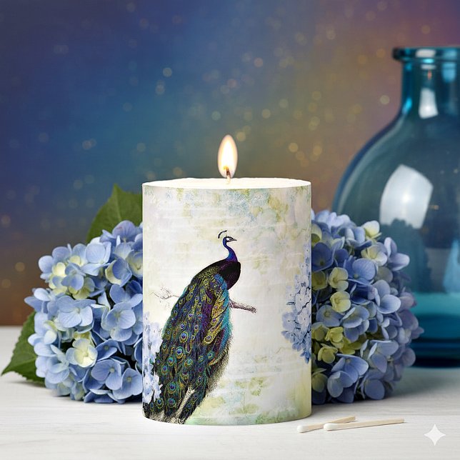 Peacock and hydrangea pillar candle (Creator Uploaded)
