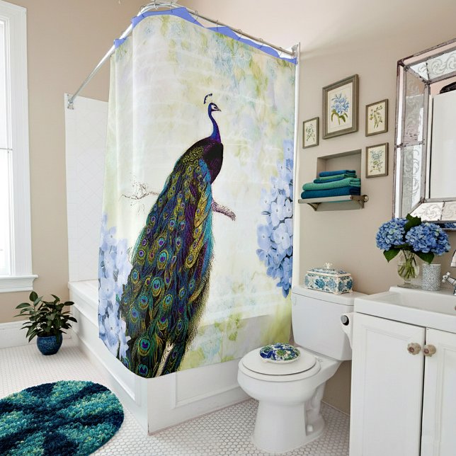 Peacock and hydrangea shower curtain (Creator Uploaded)