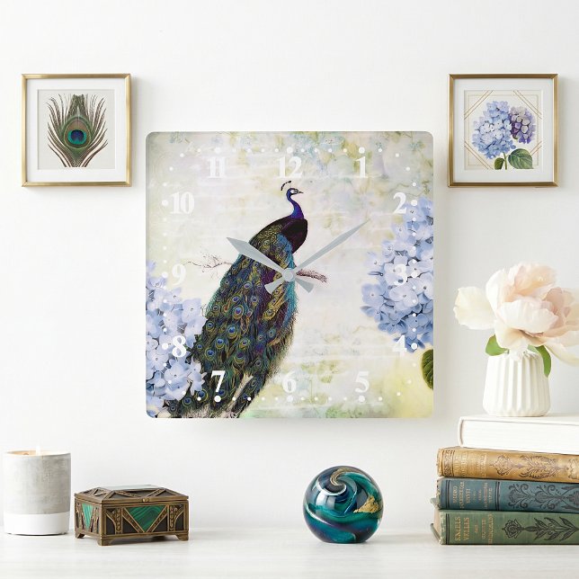Peacock and hydrangea square wall clock (Creator Uploaded)