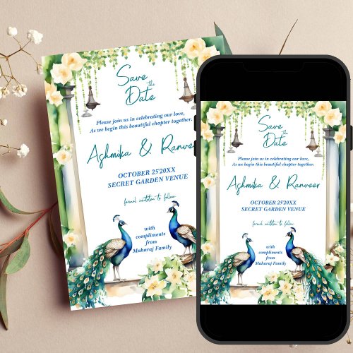 Peacock and jasmine Indian wedding save the date Invitation