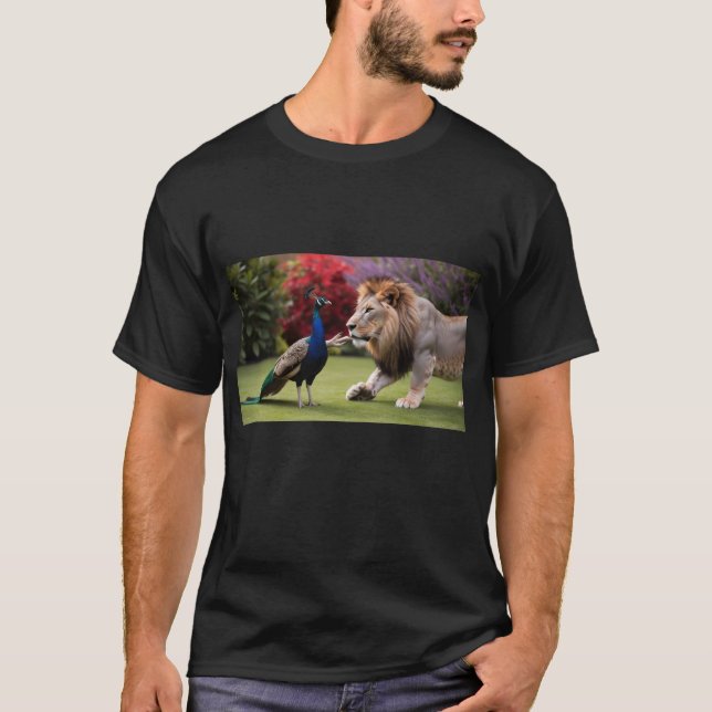 Peacock and Lion Walking Together – Unique Wildlif T-Shirt (Front)