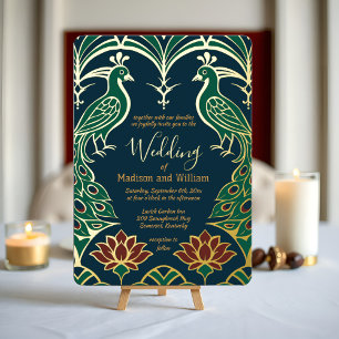 Peacock and Lotus Wedding Elegant Deco Regal Blue Foil Invitation