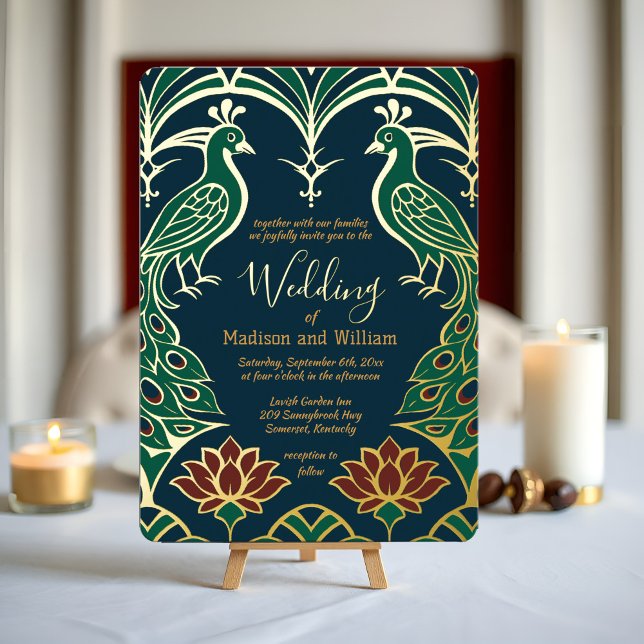 Peacock and Lotus Wedding Elegant Deco Regal Blue Foil Invitation (Elegant peacock gold foil wedding invitation Inspired by Art Deco with royal jewel tones & dark blue)