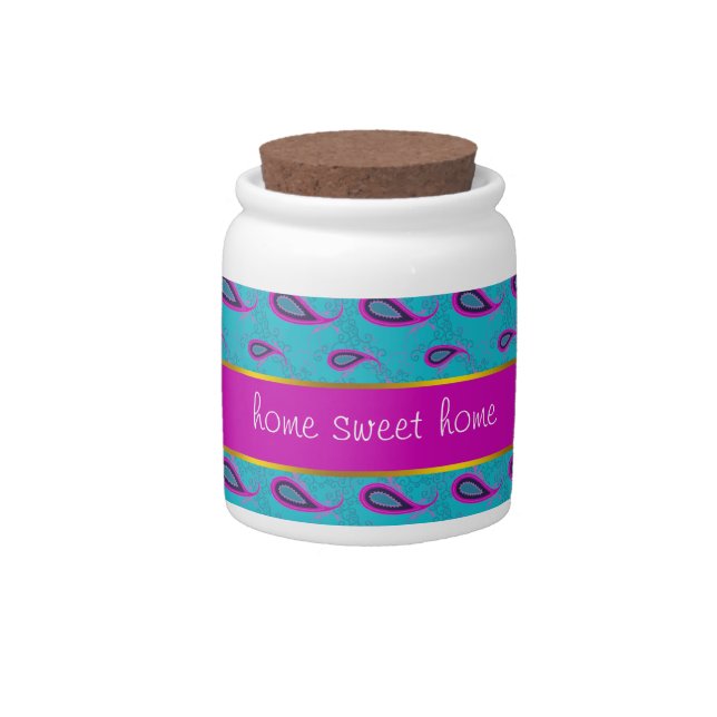 Peacock and Magenta Paisley Pattern Candy Jar (Front)