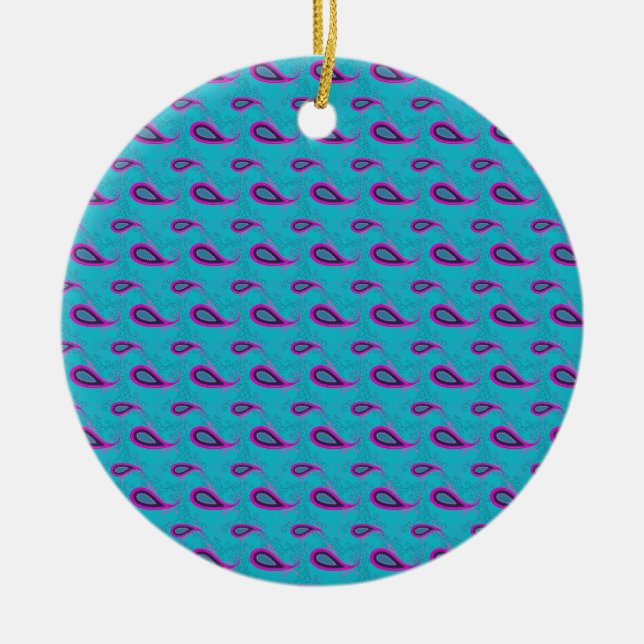 Peacock and Magenta Paisley Pattern Ceramic Ornament (Front)