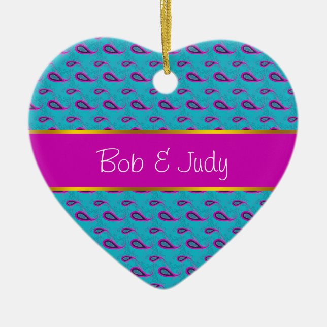 Peacock and Magenta Paisley Pattern Ceramic Ornament (Front)