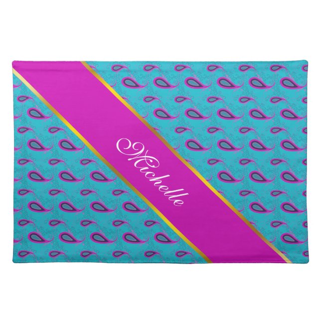 Peacock and Magenta Paisley Pattern Cloth Placemat (Front)