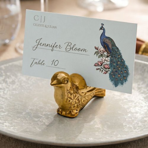 Peacock and Magnolia French Blue Wedding Place Card