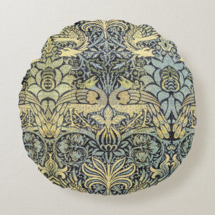 Peacock and Mythical Dragon by William Morris Round Pillow