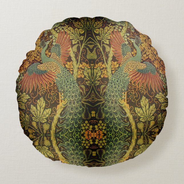 Peacock and oakleaf floral Victorian jacquard Round Pillow (Front)