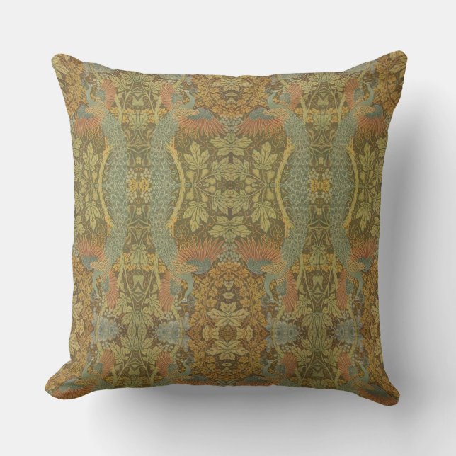 Peacock and oakleaf floral Victorian jacquard Thro Outdoor Pillow (Front)