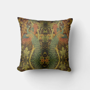 Peacock and oakleaf floral Victorian jacquard Throw Pillow