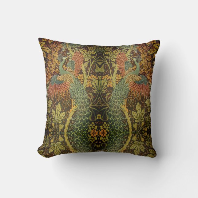 Peacock and oakleaf floral Victorian jacquard Throw Pillow (Front)