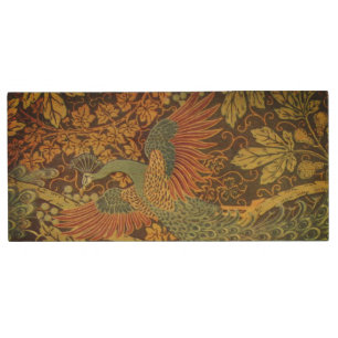 Peacock and oakleaf floral Victorian jacquard Wood Flash Drive