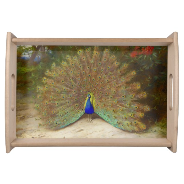 Peacock and Peacock Butterfly, Art Illustration Serving Tray (Front)