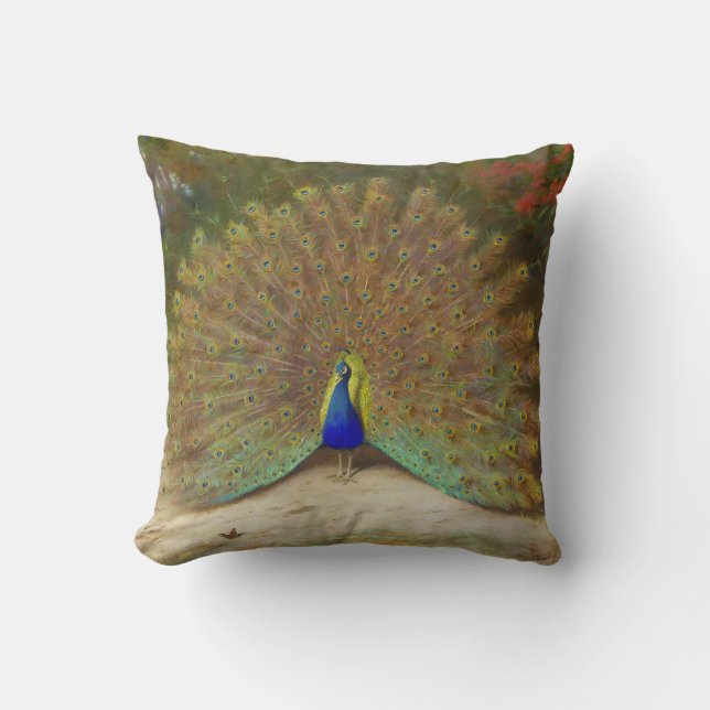 Peacock and Peacock Butterfly, Art Illustration Throw Pillow (Front)