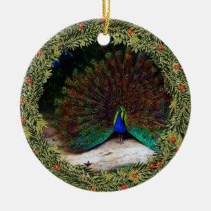Peacock and Peacock Butterfly Ceramic Ornament