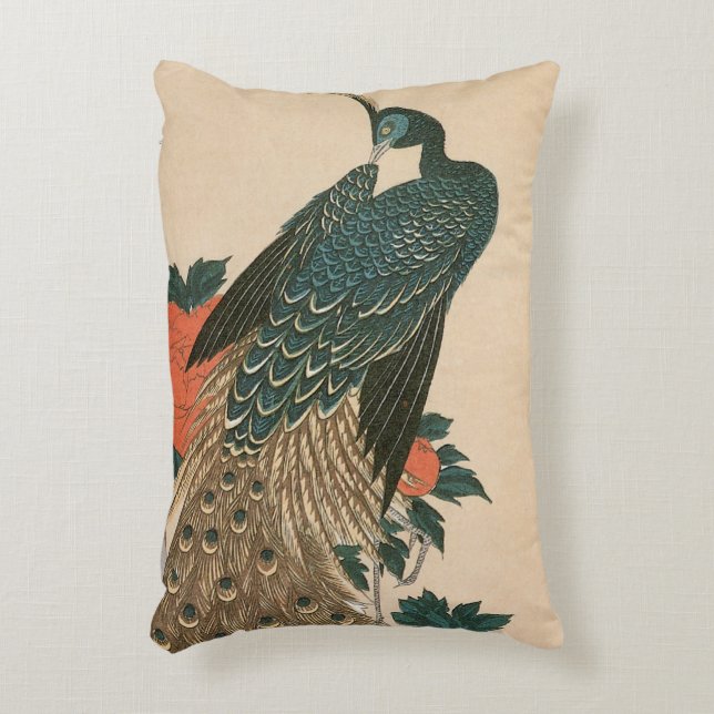 Peacock and Peonies by Hiroshige, Japanese Art Accent Pillow (Front(Vertical))