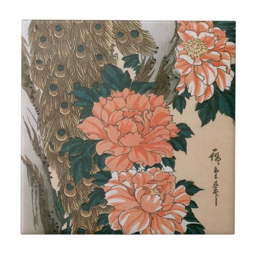 Peacock and Peonies by Hiroshige Japanese Art Ceramic Tile