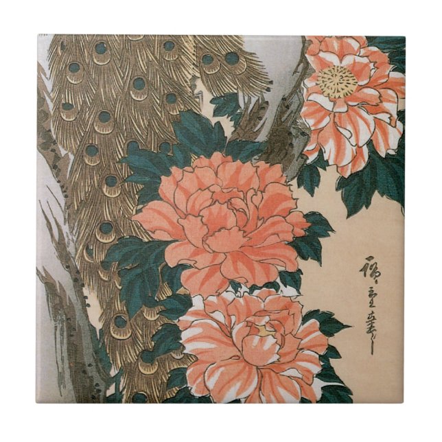 Peacock and Peonies by Hiroshige, Japanese Art Ceramic Tile (Front)
