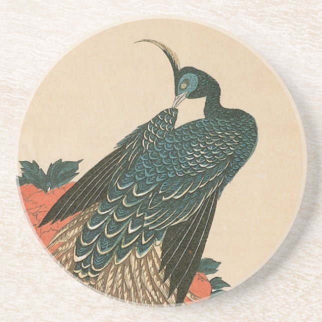 Peacock and Peonies by Hiroshige, Japanese Art Drink Coaster (Front)