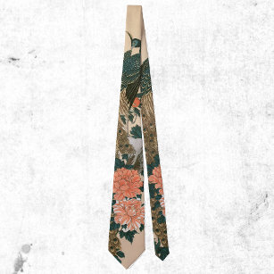 Peacock and Peonies by Hiroshige, Japanese Art Neck Tie
