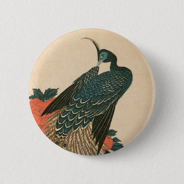 Peacock and Peonies by Hiroshige, Japanese Art Pinback Button (Front)