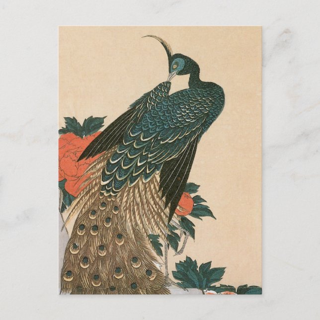 Peacock and Peonies by Hiroshige Wedding Announcement Postcard (Front)