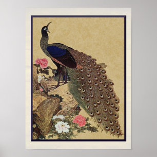 Peacock and Peonies Vintage Japanese Fine Art Poster