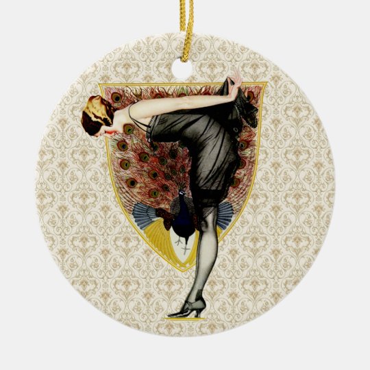 Peacock and Pin Up Girl Ceramic Ornament