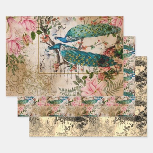 Peacock and Pink Magnolia Flower Vintage Ephemera Wrapping Paper Sheets