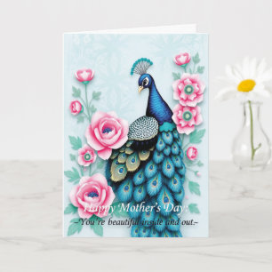 Peacock and Pink Roses Mothers Day Card