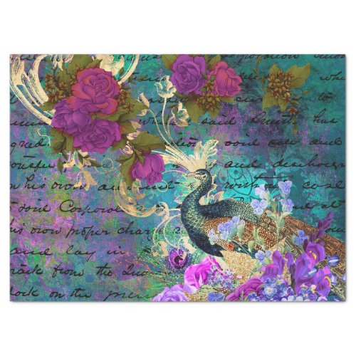 Peacock and Purple Flowers Decoupage Tissue Paper