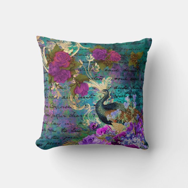 Peacock and Purple Flowers Throw Pillow (Front)