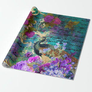 Peacock and Purple Flowers Wrapping Paper