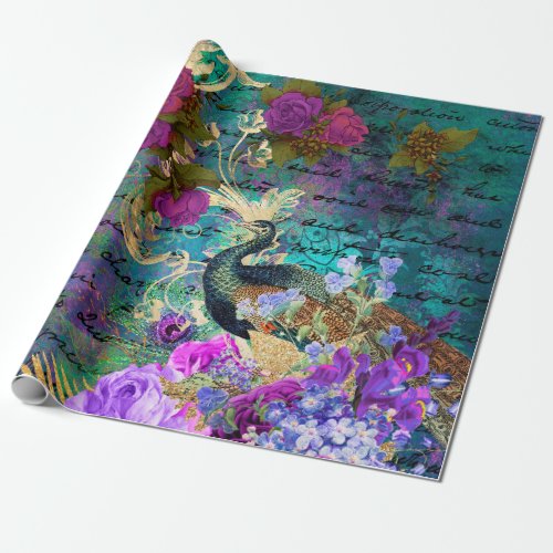 Peacock and Purple Flowers Wrapping Paper