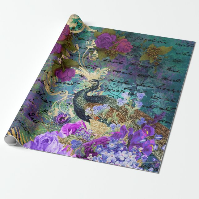Peacock and Purple Flowers Wrapping Paper (Unrolled)