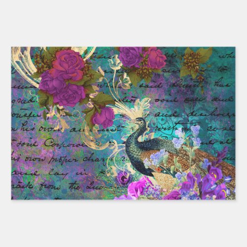 Peacock and Purple Flowers Wrapping Paper Sheets