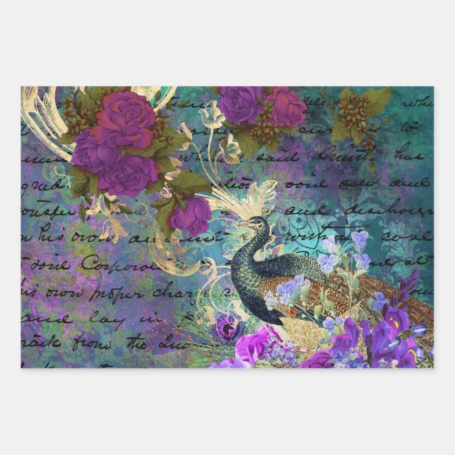 Peacock and Purple Flowers Wrapping Paper Sheets (Front)