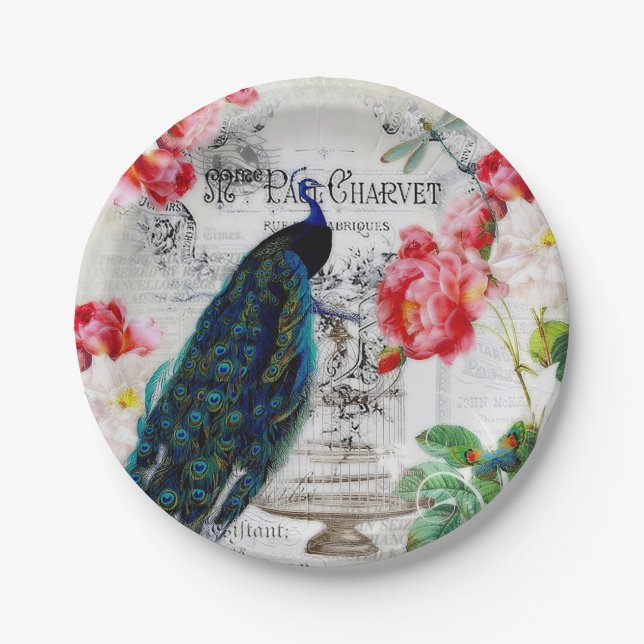 peacock and roses paper plates (Front)
