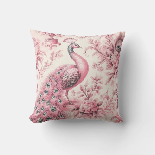 Peacock and roses pink throw pillow (Front)