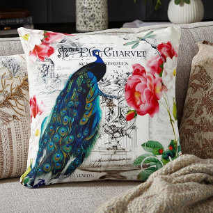Peacock and roses throw pillow