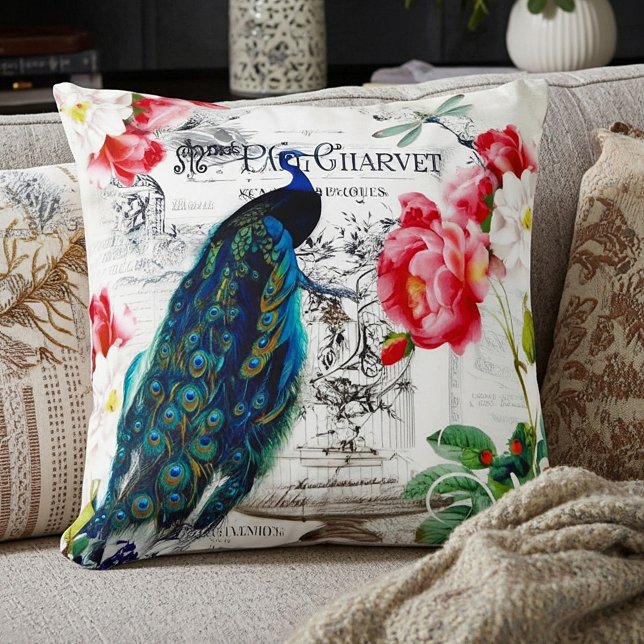 Peacock and roses throw pillow (Creator Uploaded)