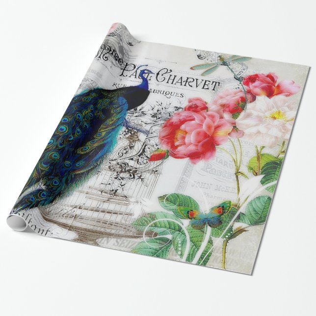 Peacock and roses wrapping paper (Unrolled)