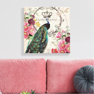Peacock and spring flowers canvas print