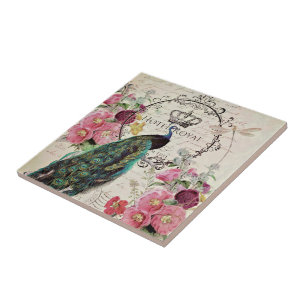 Peacock and spring flowers ceramic tile