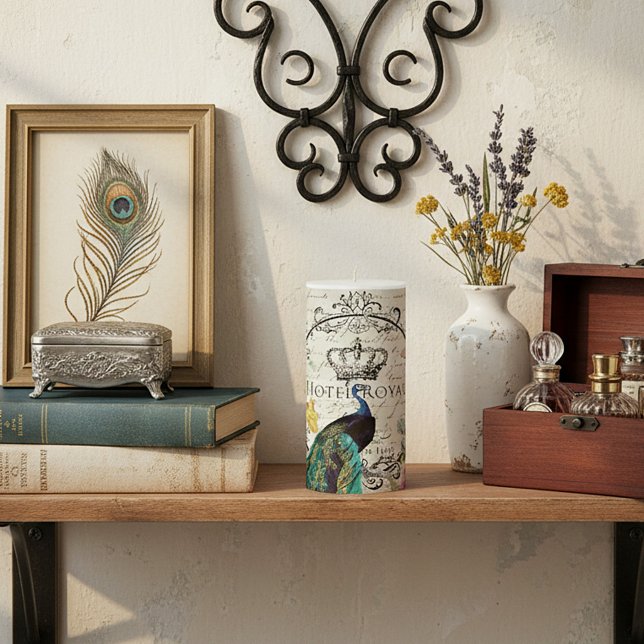 Peacock and spring flowers pillar candle (Creator Uploaded)