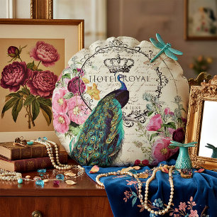 Peacock and spring flowers round pillow